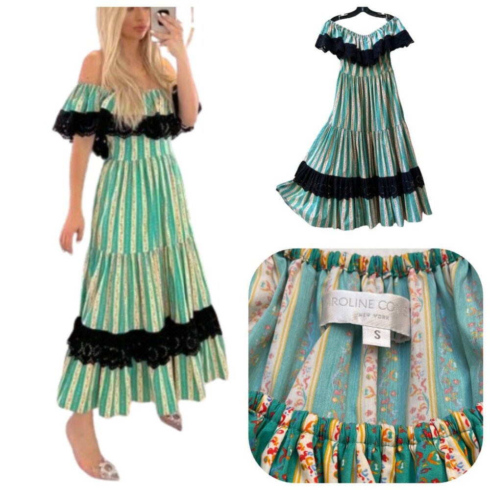 NWOT Caroline Constas $695 Off The Shoulder Ruffle Lace Detail Maxi Dress S